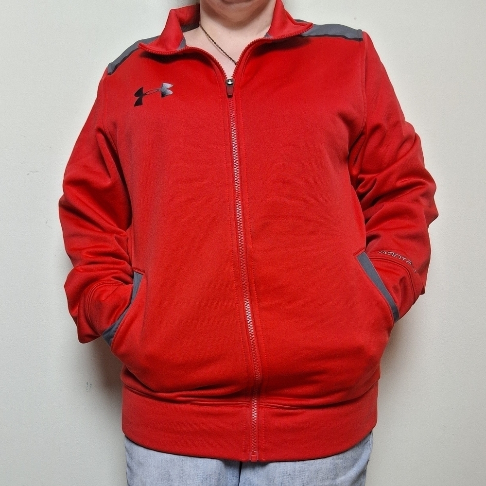 Under Armour Loose Fit Full Zip Red and Gray Fleece Jacket Size Medium